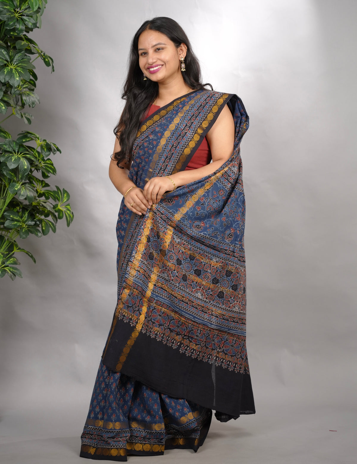 Indigo Ajrakh Hand Block Printed Sungudi Cotton Saree | Looms & Tassels