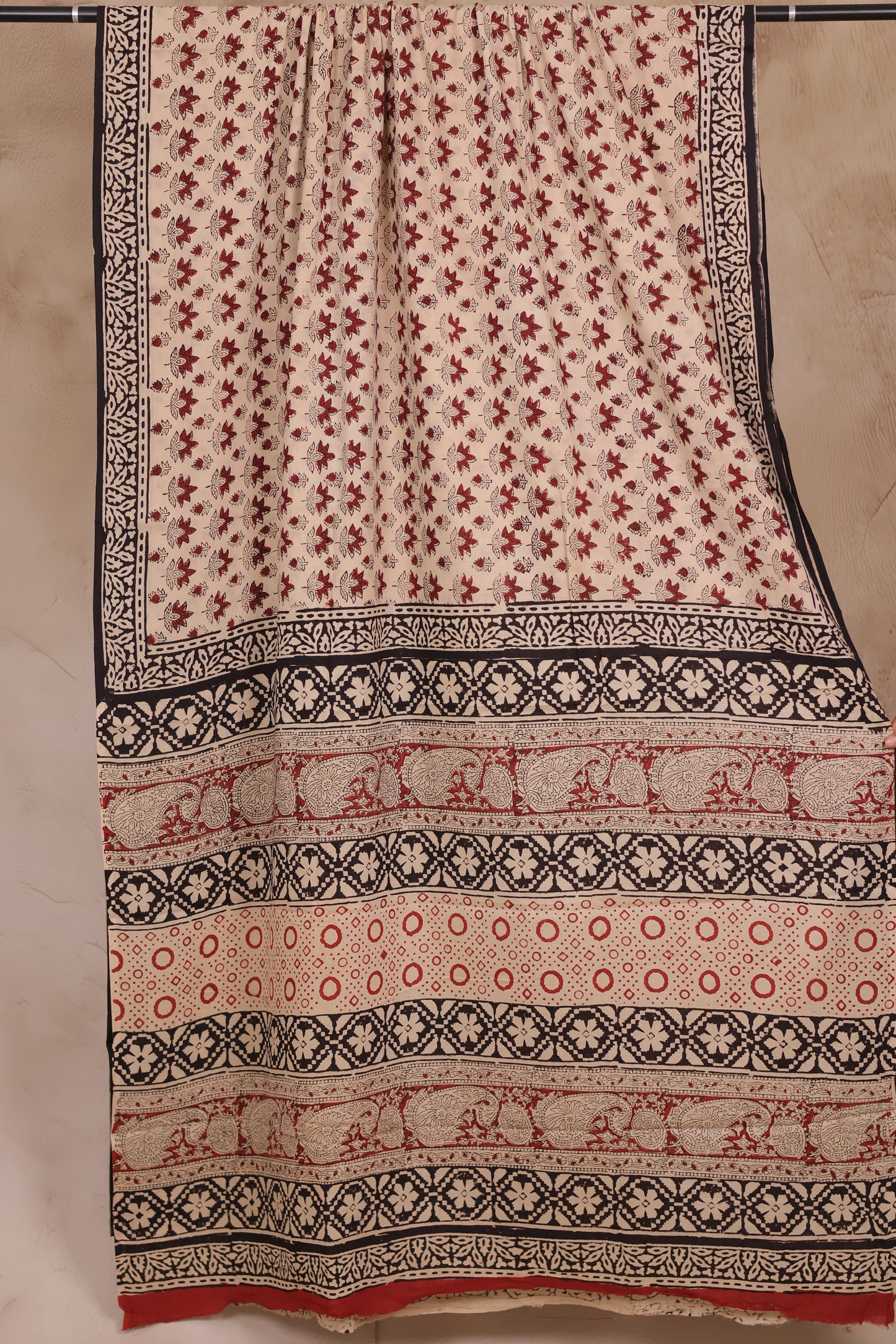 Cream Bagru Handblock printed MulMul cotton saree | Looms & Tassels