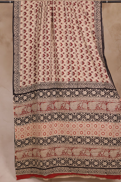 Cream Bagru Handblock printed MulMul cotton saree | Looms & Tassels