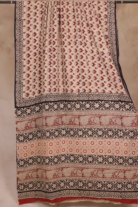 Cream Bagru Handblock printed MulMul cotton saree | Looms & Tassels