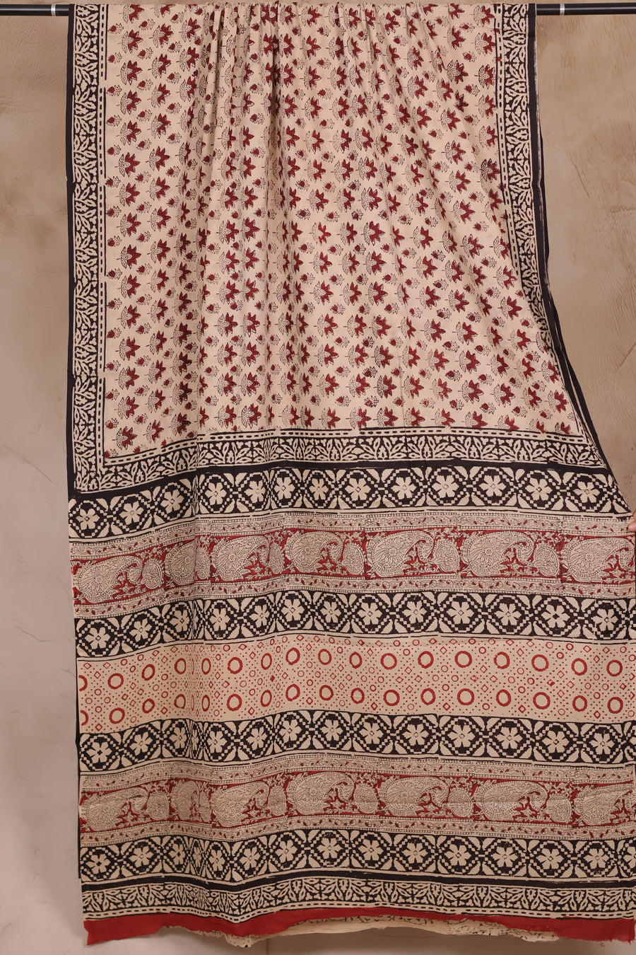 Cream Bagru Handblock printed MulMul cotton saree | Looms & Tassels