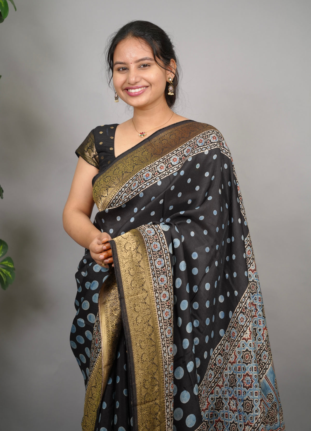 Ajrakh Dola Silk Saree - Black | Looms & Tassels