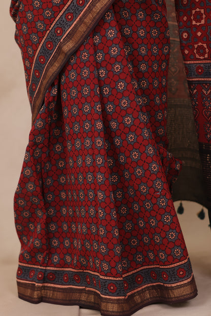 Maheswari Silk Cotton Ajrakh Handblock Printed Saree | Looms & Tassels