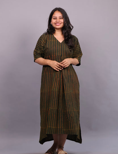 Green Ajrakh Handblock Printed Cotton Kaftan – Elegant & Breathable Ethnic Wear | Looms & Tassels