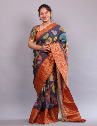 Hand Painted Pen Kalamkari Silk Saree