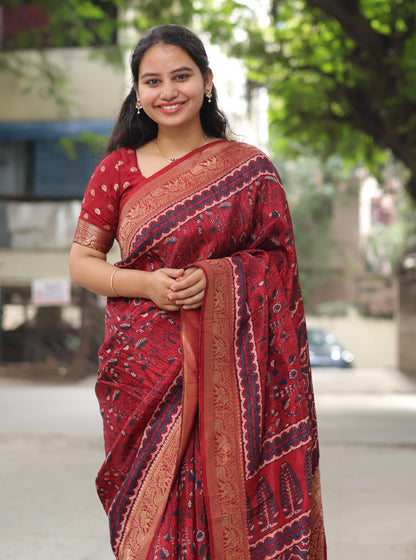 Maroon Ajrakh Dola Silk Saree