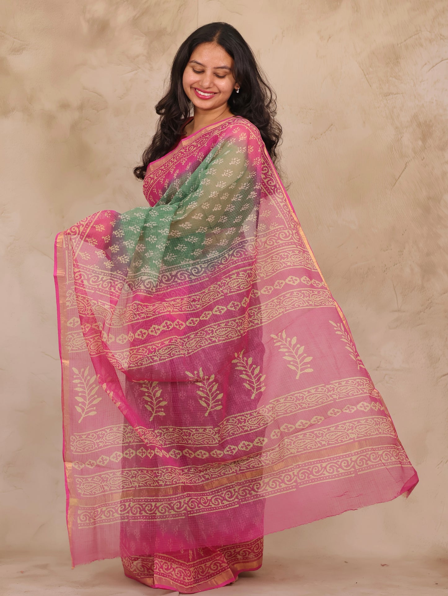 Green & Pink Pure Kota Doria Saree with Bagru Handblock Prints | Looms & Tassels