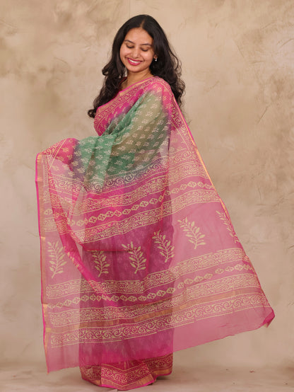Green & Pink Pure Kota Doria Saree with Bagru Handblock Prints | Looms & Tassels