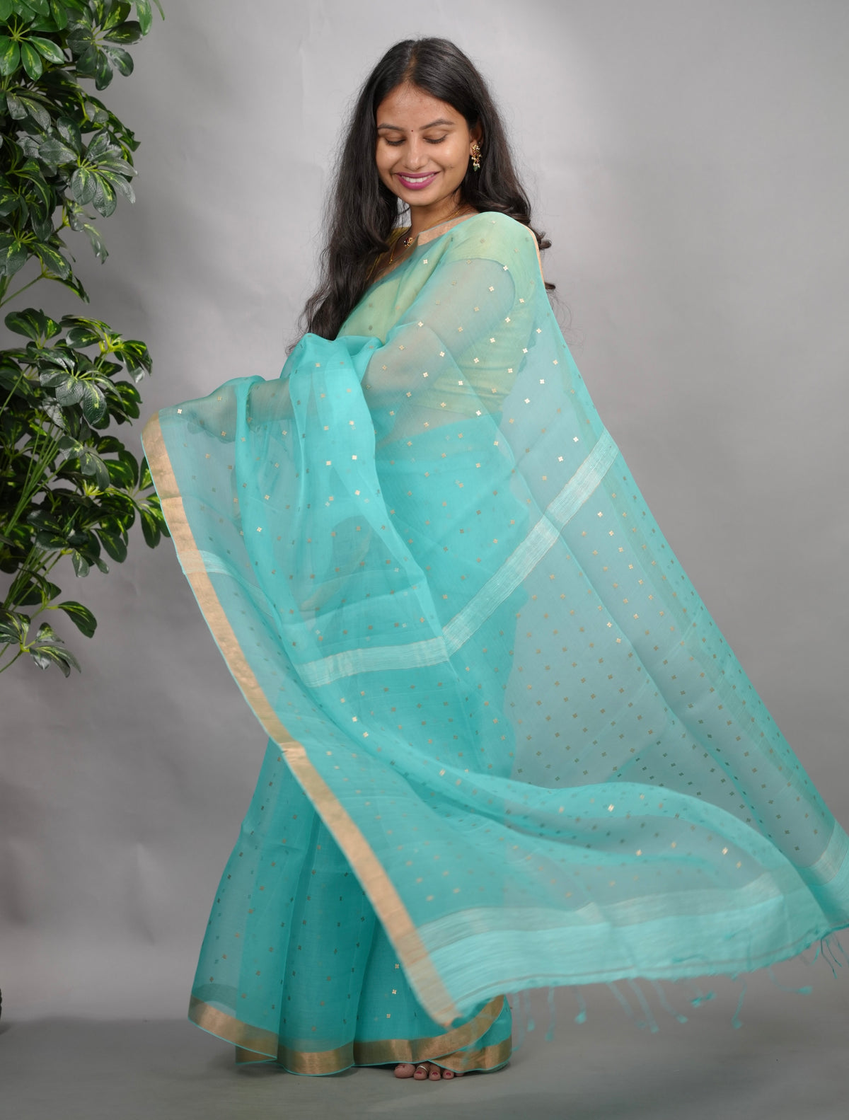 Ice Blue Handwoven Muslin Silk Saree With Sequence Work | Looms & Tassels