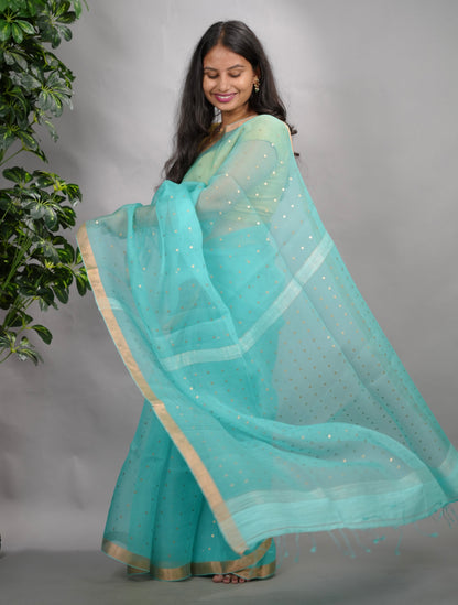 Ice Blue Handwoven Muslin Silk Saree With Sequence Work | Looms & Tassels