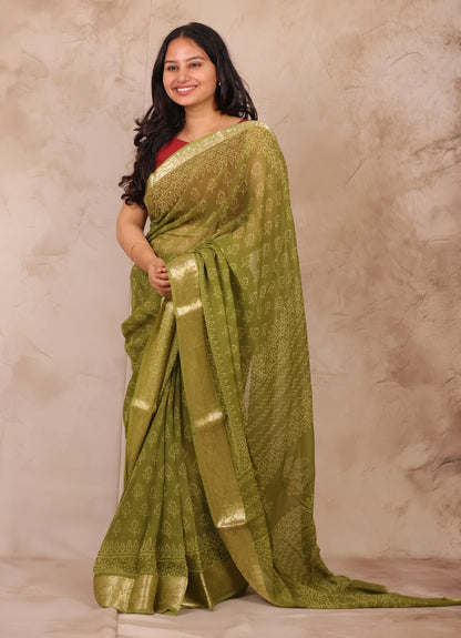 Green Chiffon Hand Block Printed Saree with Jari Border | Looms & Tassels