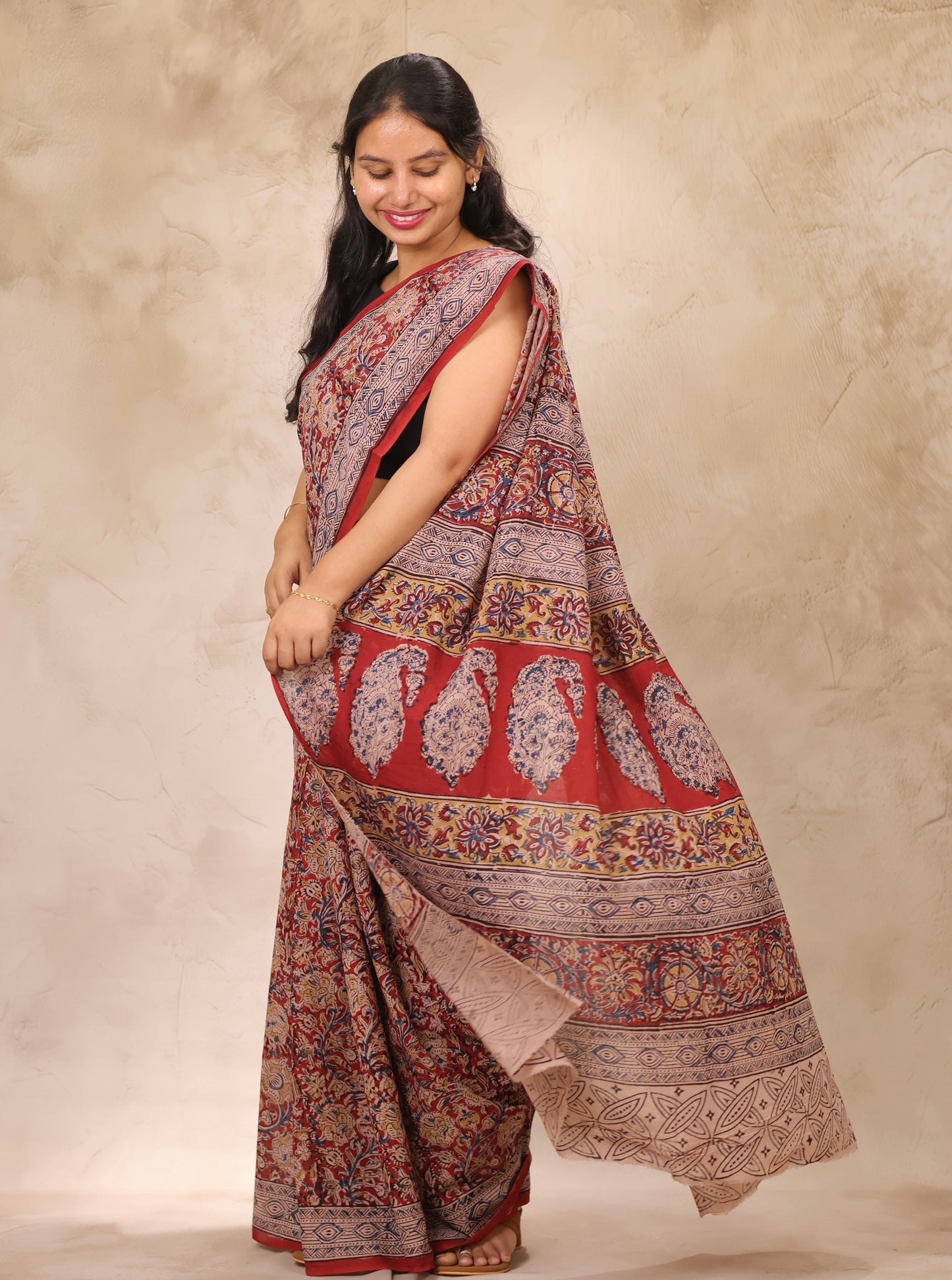 Maroon Hand Block Printed Kalamkari Cotton Saree | Looms & Tassels