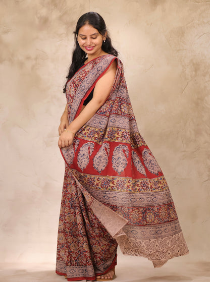 Maroon Hand Block Printed Kalamkari Cotton Saree | Looms & Tassels