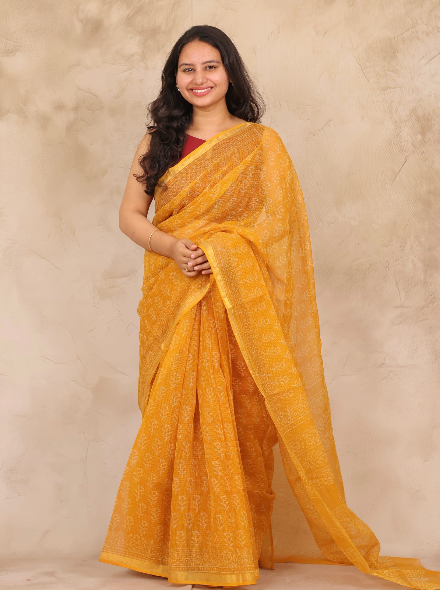 Yellow Pure Kota Doria Saree with Bagru Handblock Prints | Looms & Tassels