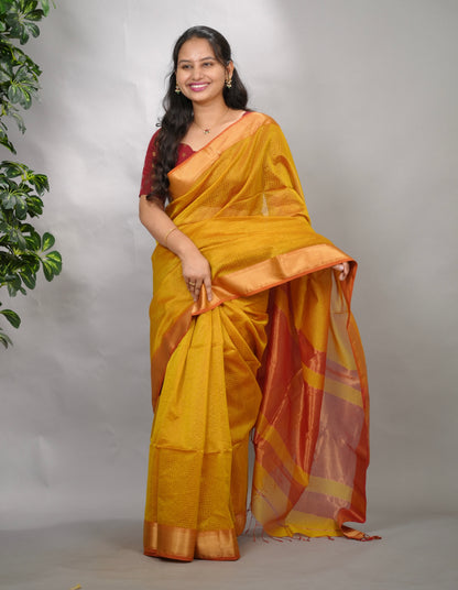 Mustard Yellow Checks Handloom Maheswari Silk Cotton Sarees | Looms & Tassels