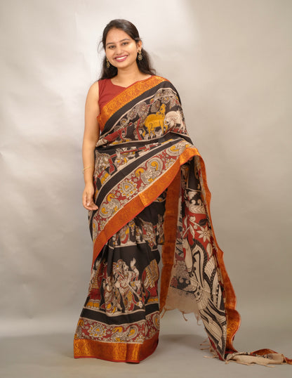 Black Kanchi border Kalamkari chennur silk saree | Looms & Tassels