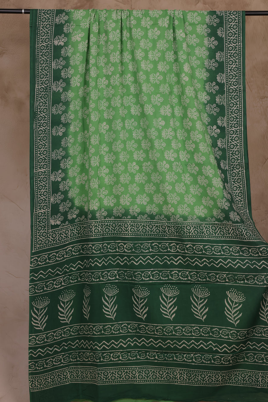 Green Bagru Handblock printed MulMul cotton saree | Looms & Tassels