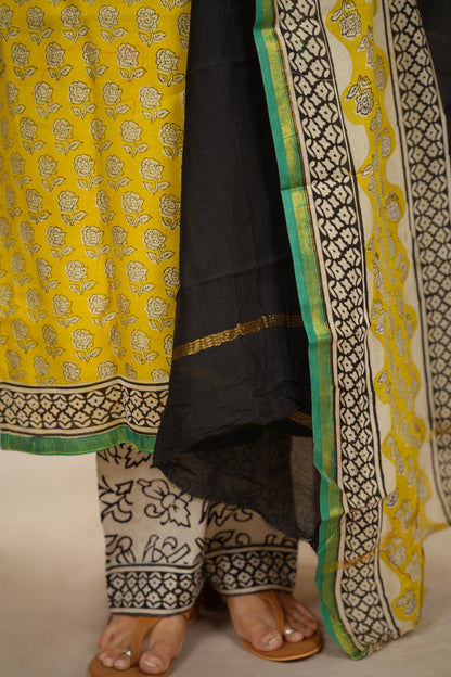 Yellow Handblock printed Pure Chenderi Silk 3 piece suit (stitched) |  Looms & Tassels
