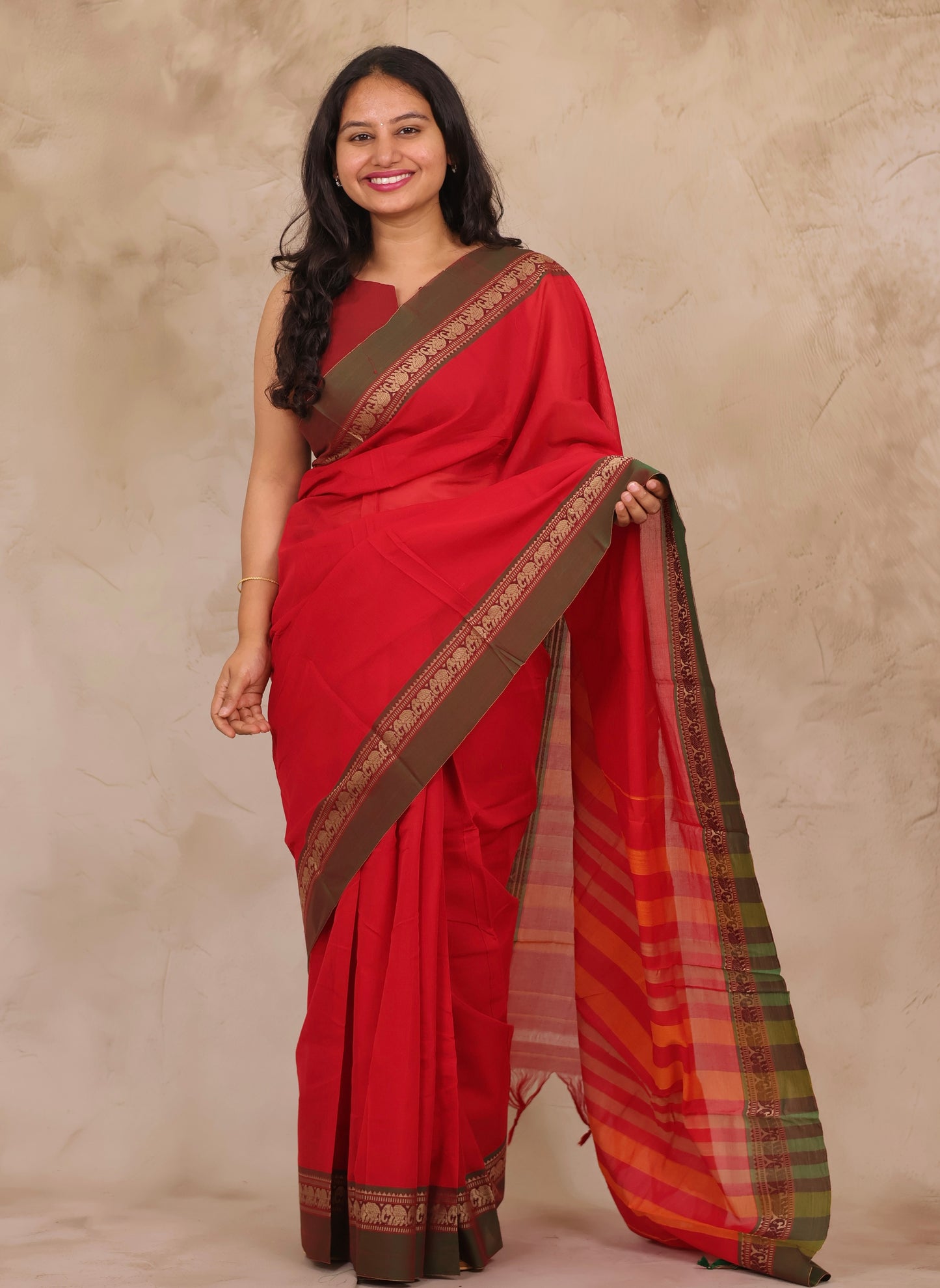 Red Narayanpet Cotton Saree with Elephant Border | Looms & Tassels