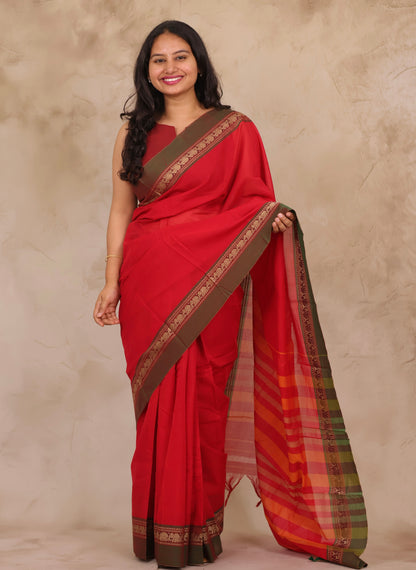 Red Narayanpet Cotton Saree with Elephant Border | Looms & Tassels
