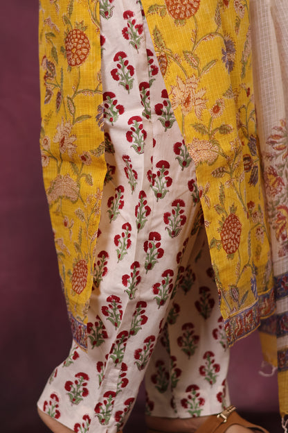 Yellow Handblock printed kota 3 piece suit (stitched)