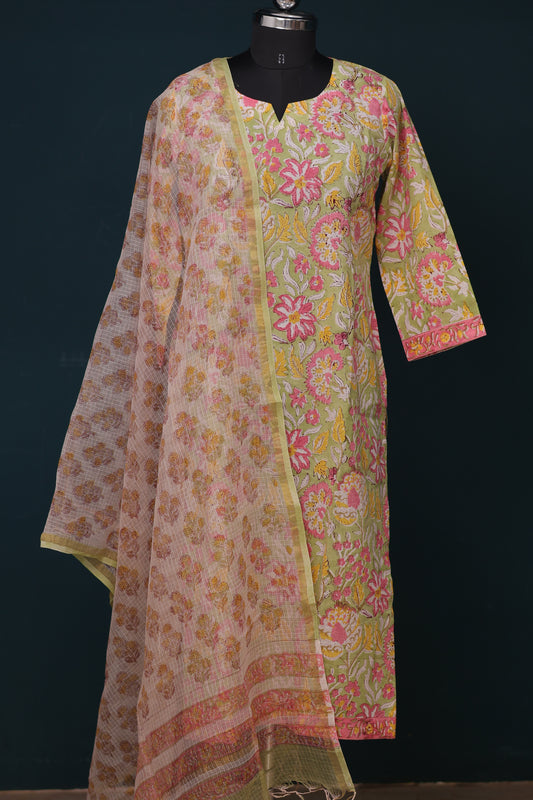 Pastel Green Handblock printed Pure Mul Cotton with Kota Doria Duppata 3 piece suit (stitched)