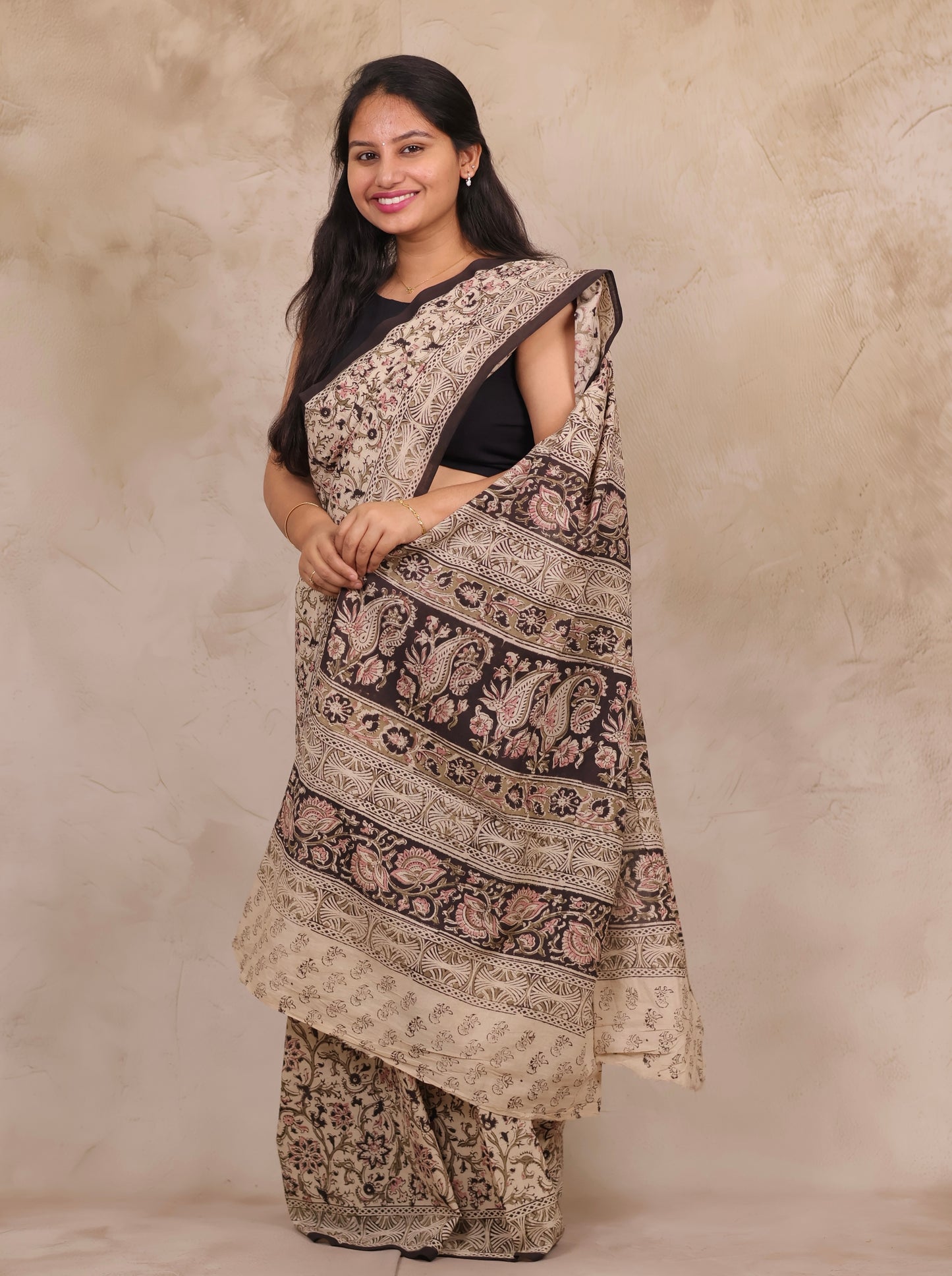 Cream Hand Block Printed Kalamkari Cotton Saree | Looms & Tassels