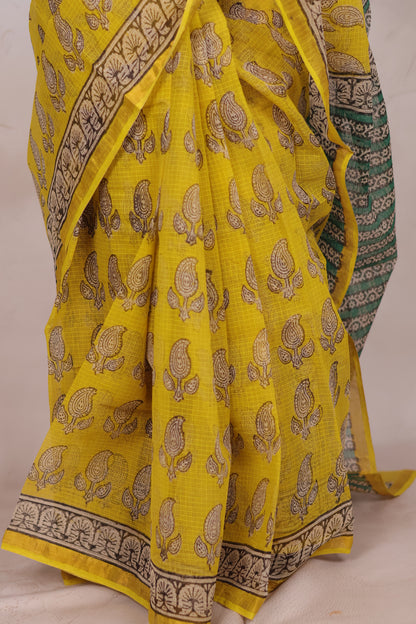 Yellow Pure Kota Doria Saree with Bagru Handblock Prints | Looms & Tassels