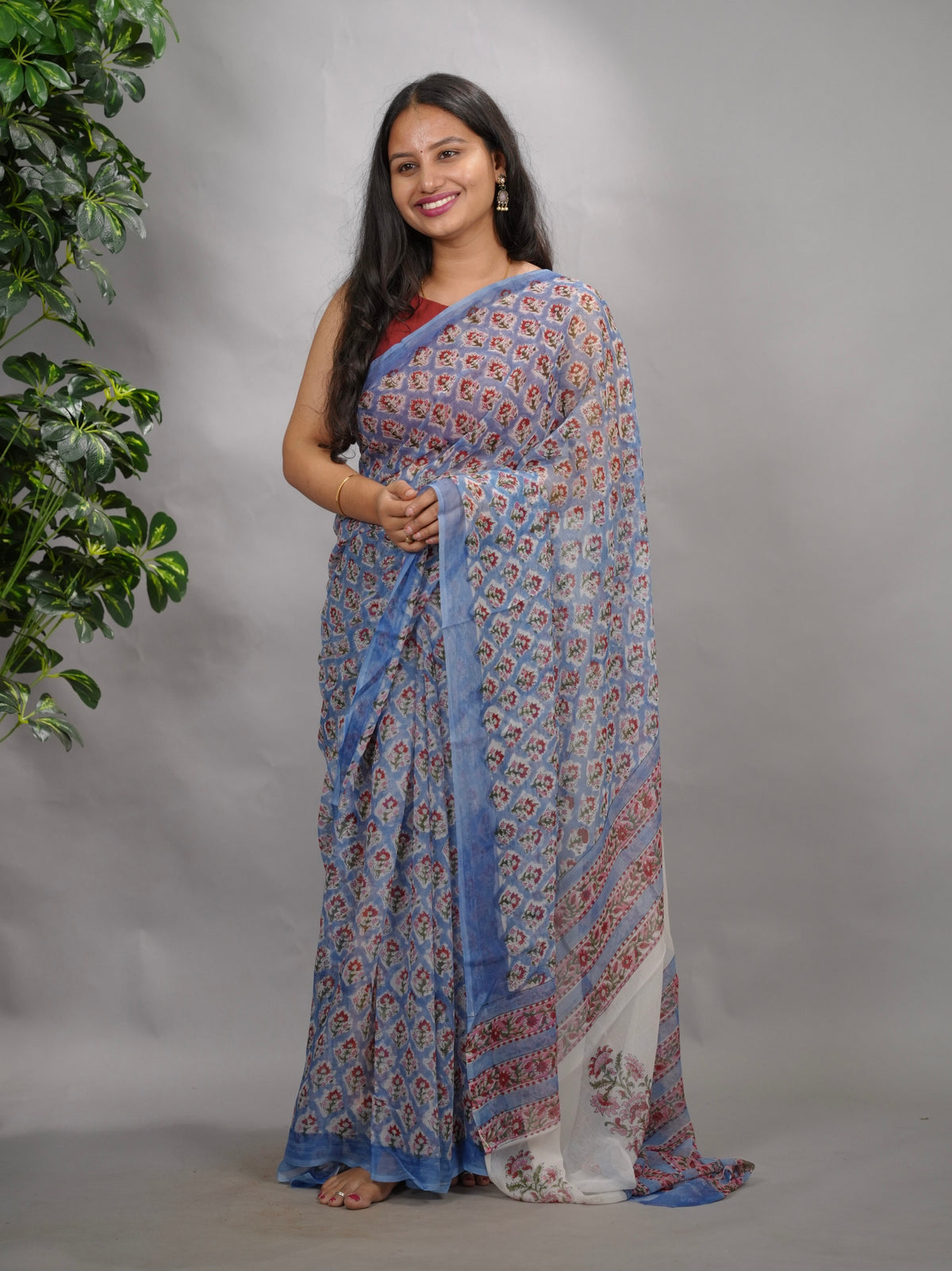Blue Floral Chiffon Hand Block Printed Saree | Looms & Tassels