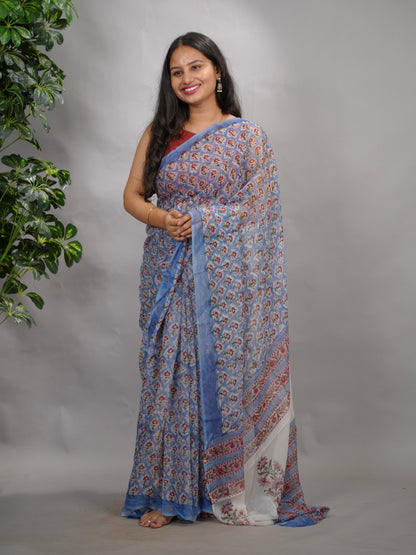 Blue Floral Chiffon Hand Block Printed Saree | Looms & Tassels