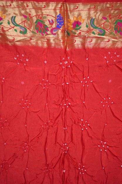 Red Handcrafted Bandhani Paithani Dola Silk Saree | Looms & Tassels