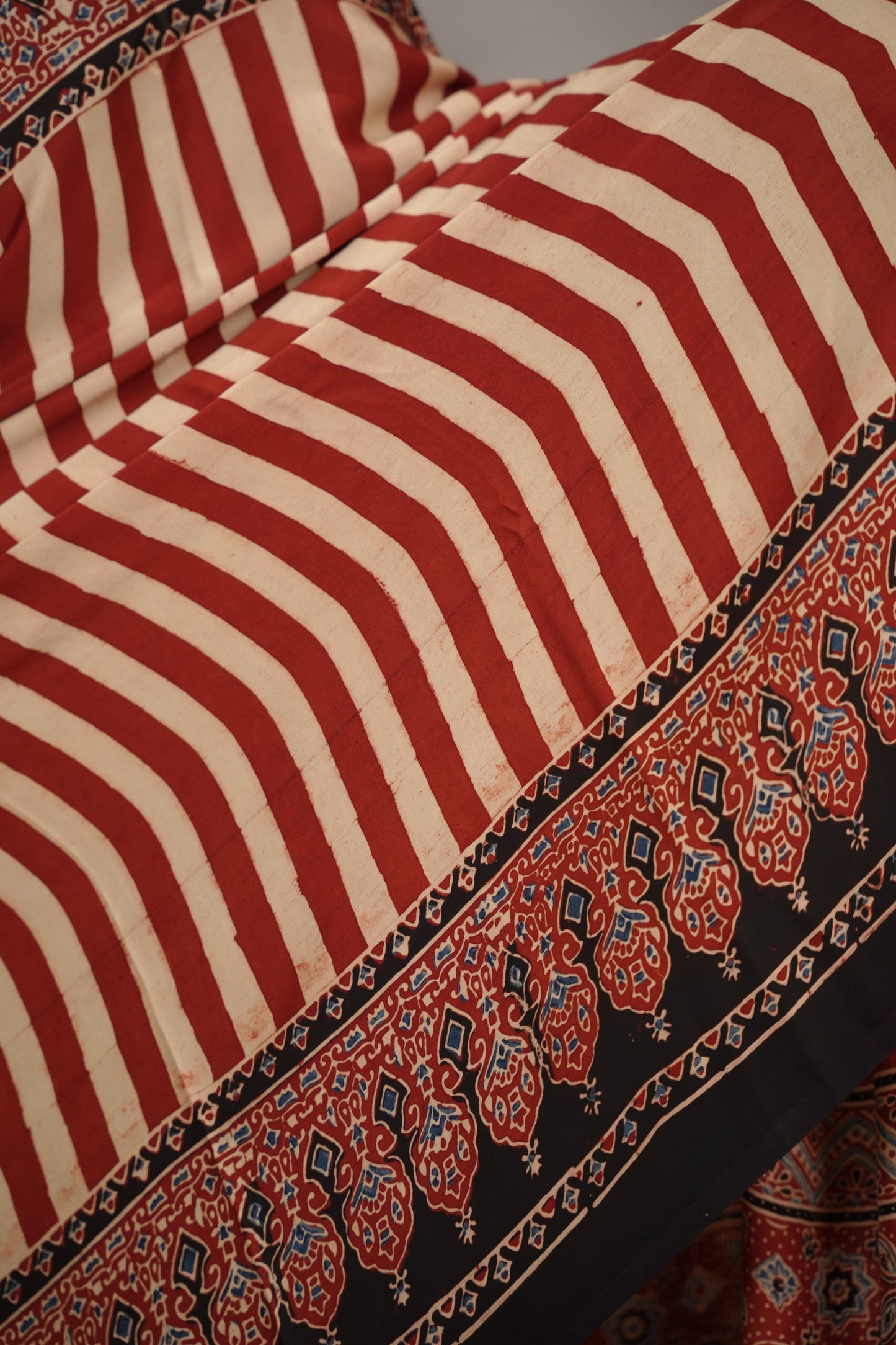 Authentic Red And Cream Stripes Ajrakh Handblock Printed Modal Silk Saree | Looms & Tassels