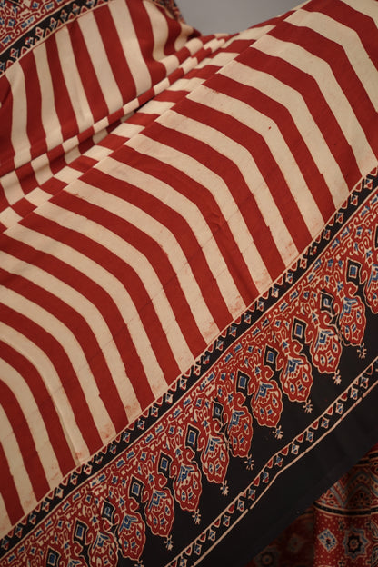 Authentic Red And Cream Stripes Ajrakh Handblock Printed Modal Silk Saree | Looms & Tassels