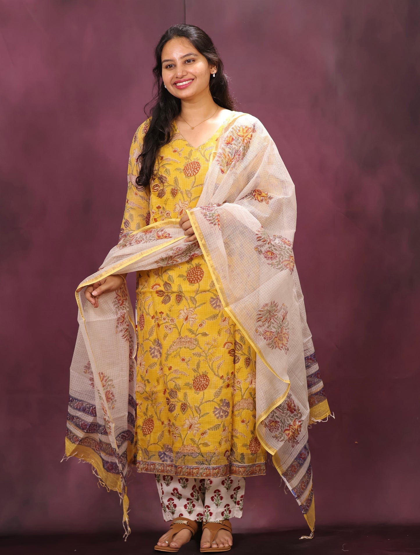 Yellow Handblock printed kota 3 piece suit (stitched)