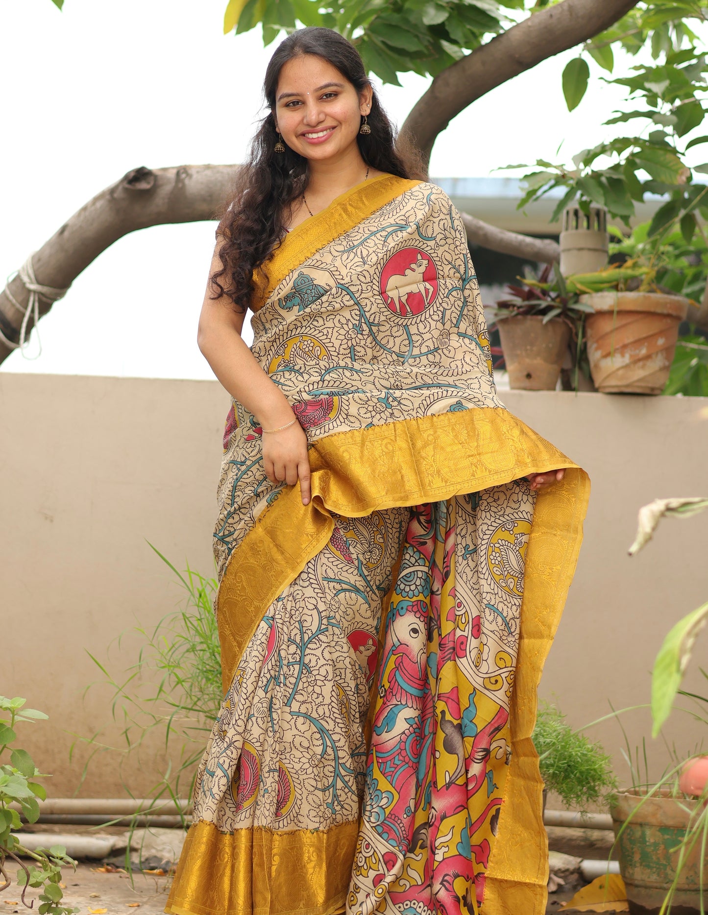 Cream Kanchi border Kalamkari chennur silk saree