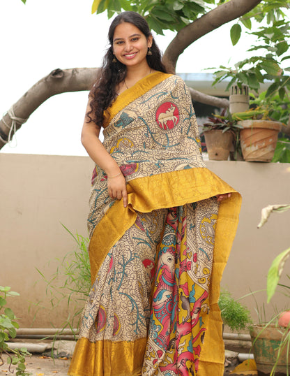 Cream Kanchi border Kalamkari chennur silk saree