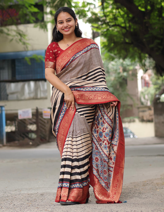 Stripes Contemporary Ajrakh Dola Silk Saree