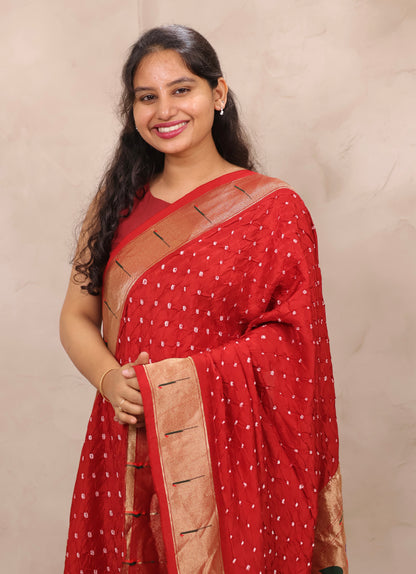 Red Handcrafted Bandhani Paithani Dola Silk Saree | Looms & Tassels