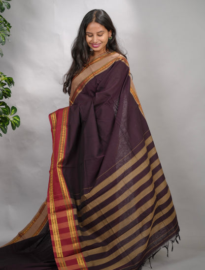 Wine Narayanpet Cotton Saree With Ganga And Jamuna Border | Looms & Tassels
