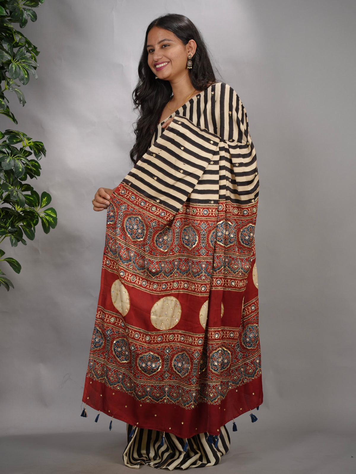 Cream Ajrakh Modal Silk Hand Embroidery Saree | Looms & Tassels