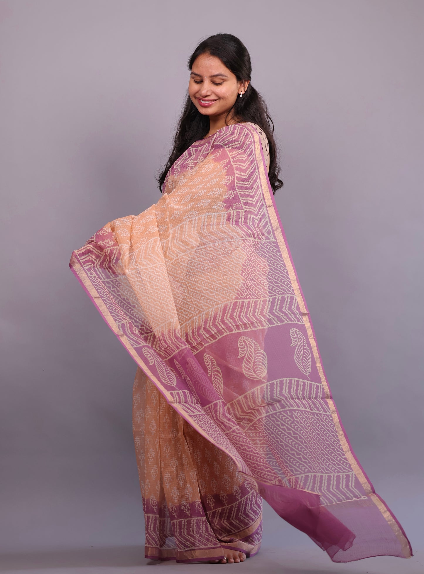 Pure Kota Doria Saree with Bagru Handblock Prints – Peach | Looms&Tassels