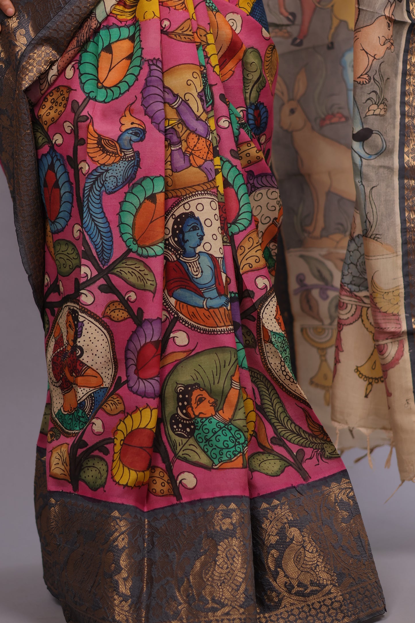 Pink Hand Drawn Pen Kalamkari Uppada Silk Kuppadam Border Saree | Looms & Tassels