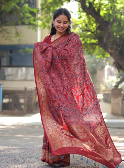 Maroon Traditional Ajrakh Dola Silk Saree