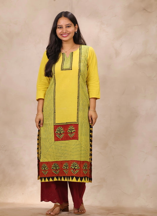 Yellow Pattern Ajrakh Hand Block Cotton printed Kurti | Looms & Tassels