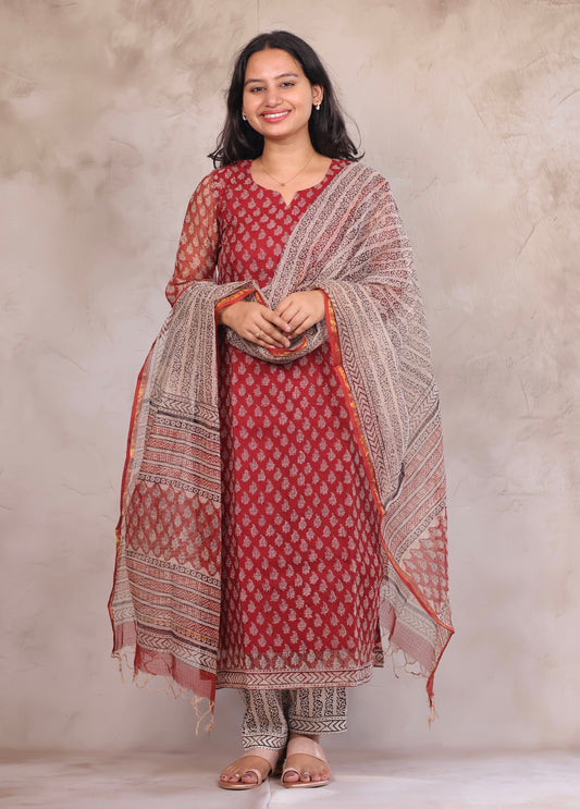Maroon Bagru Handblock printed kota 3 piece suit (stitched)