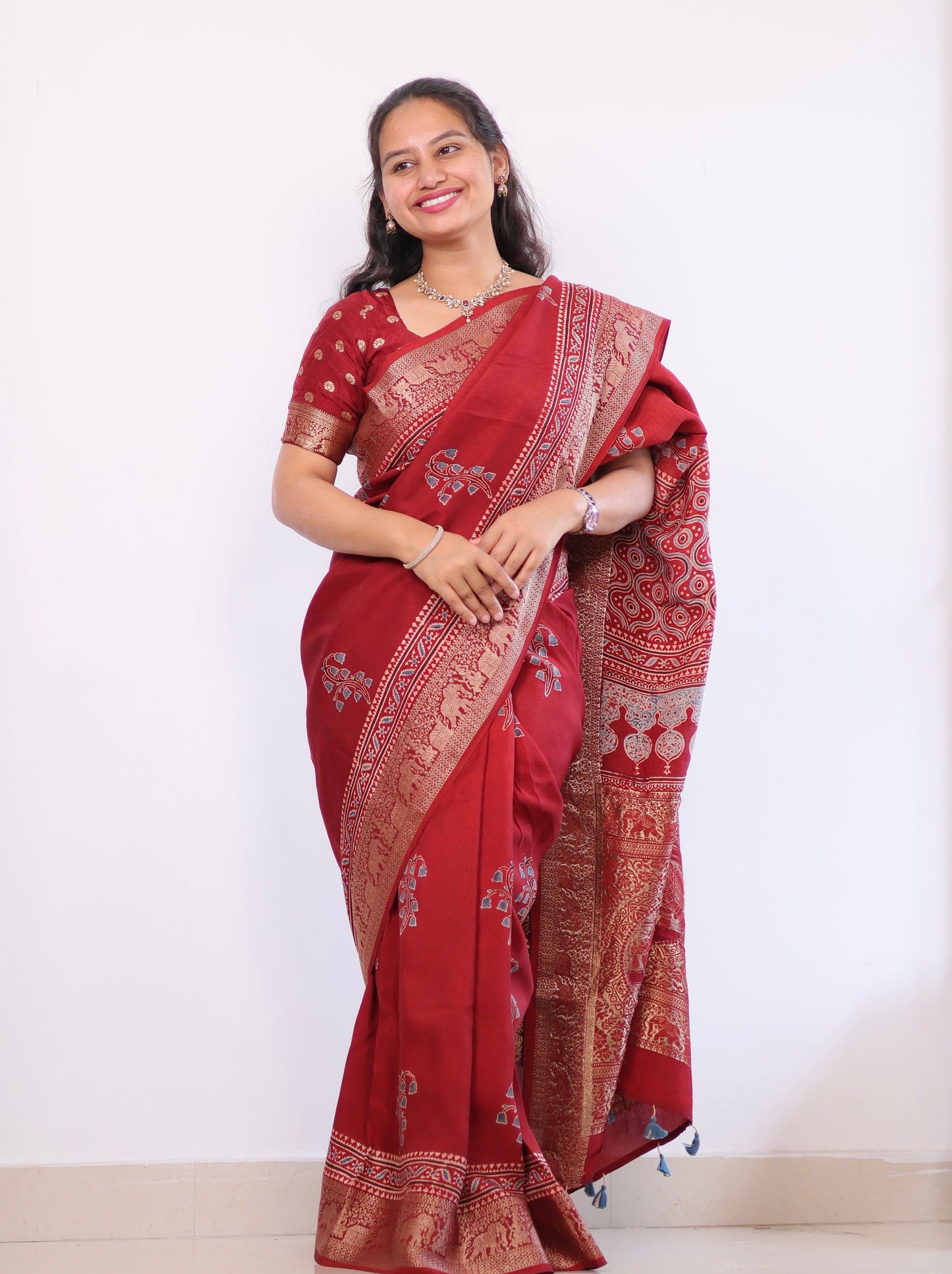 Red Ajrakh Dola Silk Saree