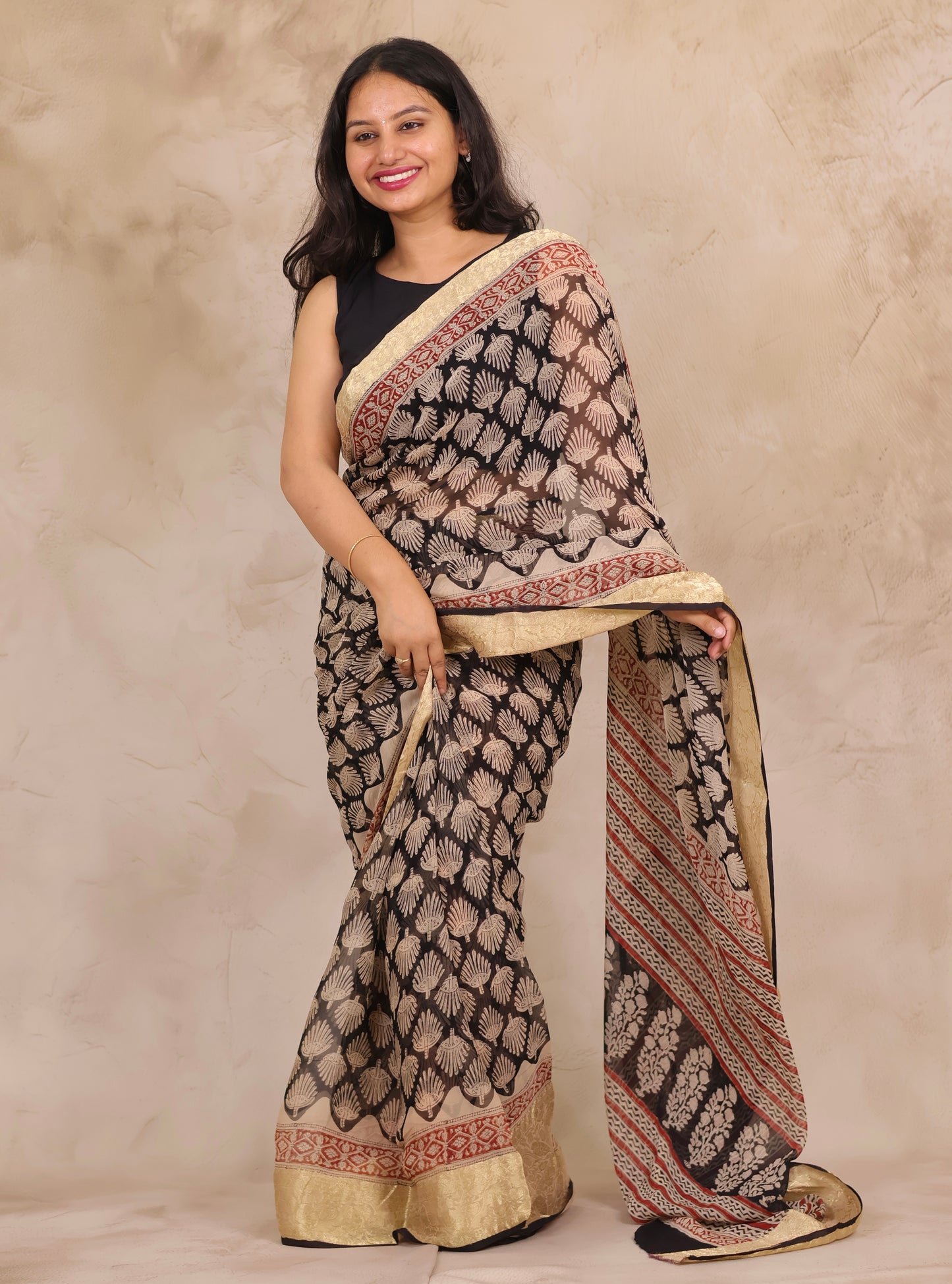 Black Chiffon Hand Block Printed Saree with Jari Border | Looms & Tassels