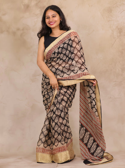 Black Chiffon Hand Block Printed Saree with Jari Border | Looms & Tassels