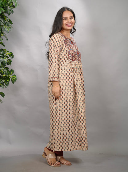 Cream Ajrakh Cotton Patchwork Aline Kurta | Looms & Tassels