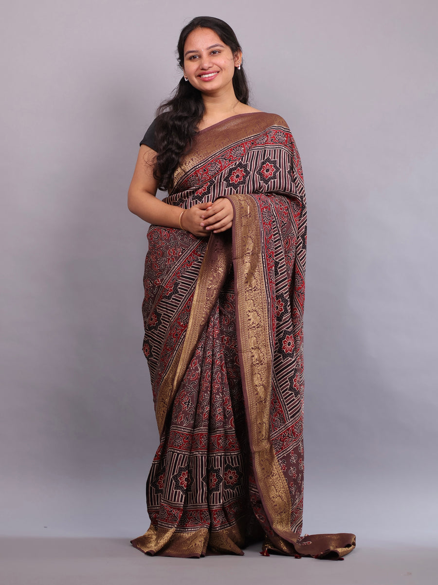 Brown Flower Butta Authentic Ajrakh Hand Block printed Dola Silk Saree | Looms & Tassels